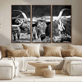 15425553-MGV-CV-36X24-Western Wall Art – Longhorn Cattle Black and White Canvas Print, Rustic Ranch Photography Decor for Bedroom, Living Room, Office,