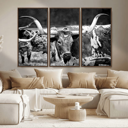 15425553-MGV-CV-36X24-Western Wall Art – Longhorn Cattle Black and White Canvas Print, Rustic Ranch Photography Decor for Bedroom, Living Room, Office,