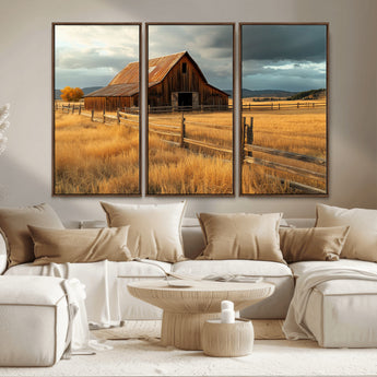 16480179-MGV-CV-36X24-Farmhouse Wall Art – Rustic Barn and Golden Field Canvas Print, Country Landscape Photography Decor for Bedroom, Living Room,