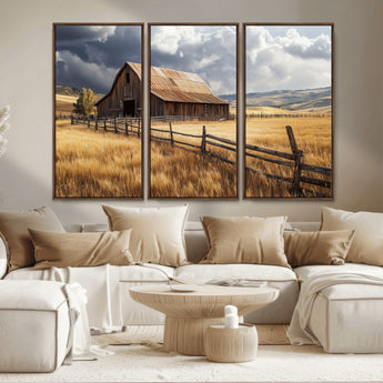 23718739-MGV-CV-36X24-Farmhouse Wall Art – Rustic Barn and Golden Wheat Field Canvas Print, Country Landscape Photography Decor for Bedroom, Living