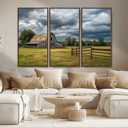39409517-MGV-CV-36X24-Rustic Barn Wall Art – Weathered Farmhouse and Storm Clouds Canvas Print, Country Landscape Photography Decor for Bedroom, Living