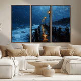 48300530-MGV-CV-36X24-Dark Stormy Pier Canvas Wall Art – Moody Ocean Night Scene with Street Lamps, Blue Coastal Seascape Print for Bedroom, Office, or