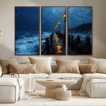 48300530-MGV-CV-36X24-Dark Stormy Pier Canvas Wall Art – Moody Ocean Night Scene with Street Lamps, Blue Coastal Seascape Print for Bedroom, Office, or
