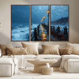 93793246-MGV-CV-36X24-Stormy Night Pier Canvas Wall Art – Moody Ocean Landscape with Lights, Blue Coastal Seascape Print for Bedroom, Living Room,