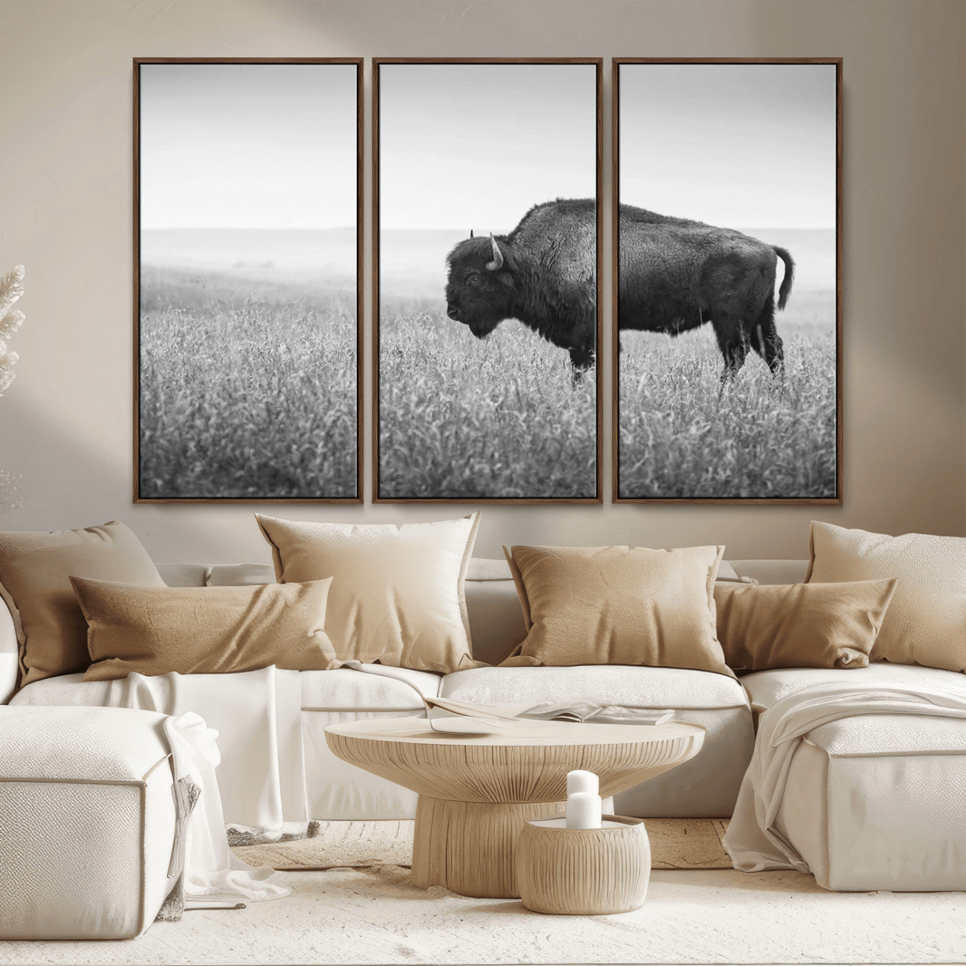 90861202-MGV-FC-48X32-3P_Walnut-Black and White Bison Canvas Wall Art – Rustic American Buffalo Print, Western Wildlife Photography for Farmhouse, Cabin, Office