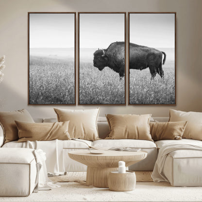 90861202-MGV-FC-48X32-3P_Walnut-Black and White Bison Canvas Wall Art – Rustic American Buffalo Print, Western Wildlife Photography for Farmhouse, Cabin, Office