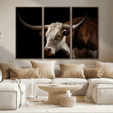 27414857-MGV-CV-36X24-Texas Longhorn Bull Canvas Wall Art – Rustic Western Farmhouse Decor, Brown & White Cow Portrait, Animal Print for Ranch Home