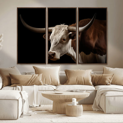 27414857-MGV-CV-36X24-Texas Longhorn Bull Canvas Wall Art – Rustic Western Farmhouse Decor, Brown & White Cow Portrait, Animal Print for Ranch Home