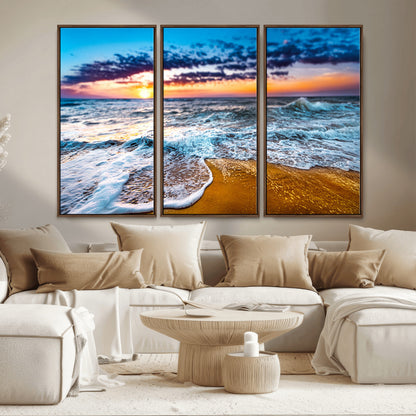 24077769-MGV-CV-36X24-Sunset Beach Wall Art – Ocean Waves Canvas Print, Golden Shoreline Photography Coastal Decor for Living Room, Bedroom, Office,