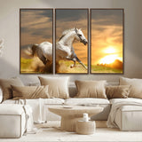67478480-MGV-CV-36X24-White Horse Running at Sunset Wall Art – Majestic Equestrian Photography Print, Rustic Farmhouse Decor, Golden Sky Horse Lover