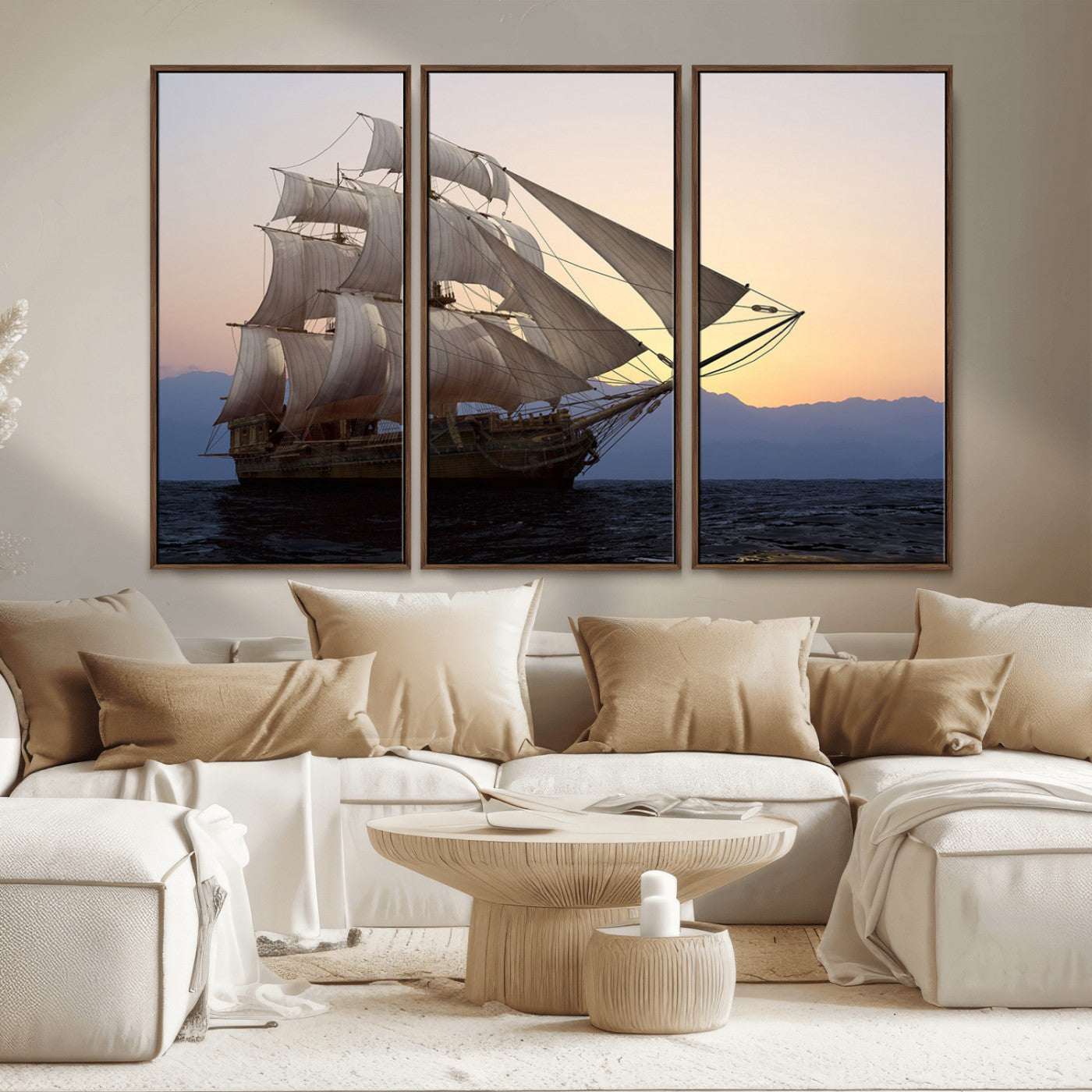 99957679-MGV-FC-48X32-3P_Walnut-Majestic Sailing Ship Wall Art – Sunset Ocean Voyage, Classic Tall Ship with Wind Filled Sails Canvas Print for Home, Office,