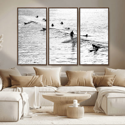 68018616-MGV-FC-48X32-3P_Walnut-Black and White Surf Photography Print – Minimalist Ocean Wall Art, Surfers Riding Waves, Coastal Beach Decor for Modern Home or