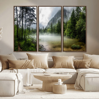 93123937-MGV-CV-36X24-Landscape Wall Art – Misty Mountain Lake Canvas Print, Tranquil Forest and Waterfall Photography Decor for Bedroom, Living Room,