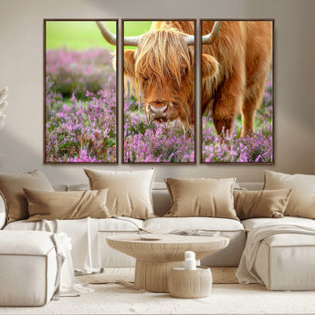 64069351-MGV-CV-36X24-Farmhouse Wall Art – Highland Cow in Wildflowers Canvas Print, Rustic Country Cattle Photography Decor for Bedroom, Living Room,