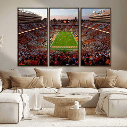 37160229-MGV-FC-48X32-3P_Walnut-Neyland Stadium Wall Art – Panoramic Tennessee Volunteers Sunset Canvas Print, Checkerboard Crowd Football Game Day Decor for