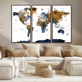 MGV-FC-48X32-3P - World Map Wall Art Canvas Print, Framed Blue Gold Map Art Picture Print, Rustic Atlas Perfect Rustic Modern Decor Artwork