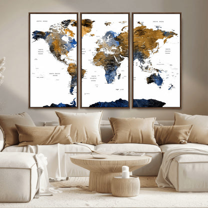 MGV-FC-48X32-3P - World Map Wall Art Canvas Print, Framed Blue Gold Map Art Picture Print, Rustic Atlas Perfect Rustic Modern Decor Artwork