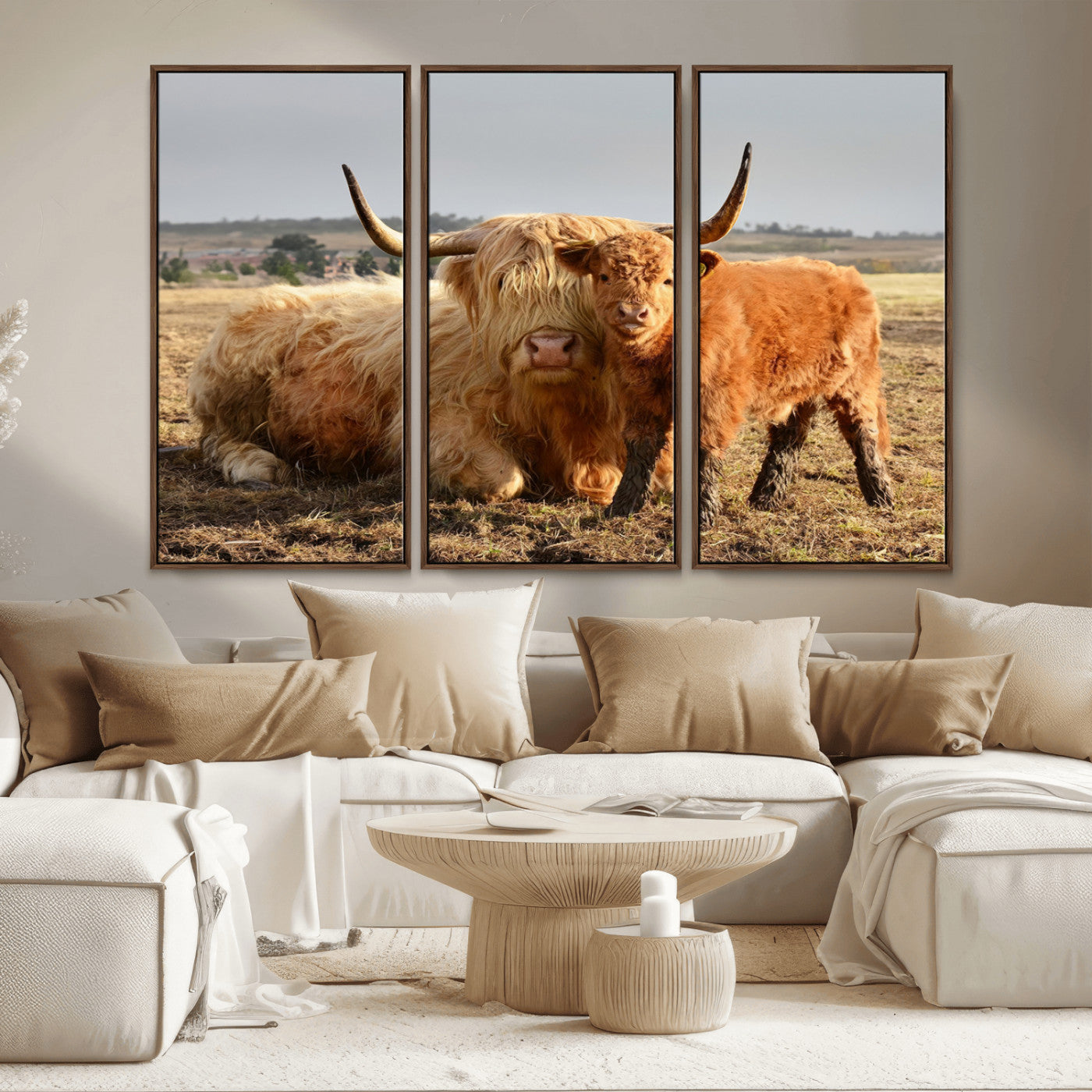 88780-MGV-CV-36X24-Highland Cow Wall Art Canvas Print, Framed Cow Calf Art Picture Print, Scottish Cattle Perfect Rustic Farmhouse Decor Artwork