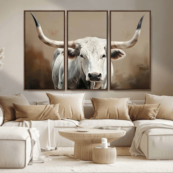 63550-MGV-CV-36X24-Texas Longhorn Wall Art Canvas Print, Framed White Bull Art Picture Print, Horned Cattle Perfect Rustic Western Decor Artwork
