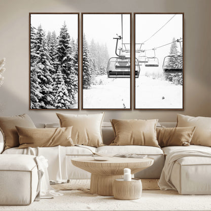 49274-MGV-CV-36X24-Snowy Forest Wall Art Canvas Print, Framed Ski Lift Art Picture Print, Mountain Snow Perfect Minimal Winter Lodge Decor Artwork