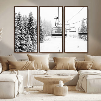 49274-MGV-FC-48X32-3P_Walnut-Snowy Forest Wall Art Canvas Print, Framed Ski Lift Art Picture Print, Mountain Snow Perfect Minimal Winter Lodge Decor Artwork
