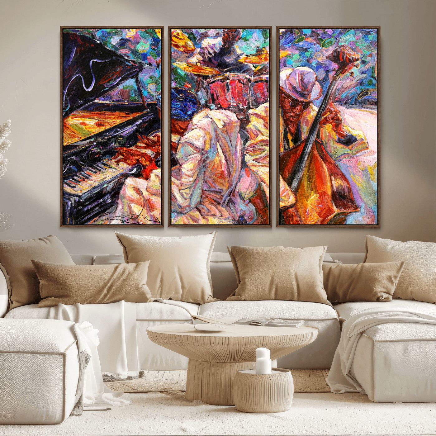 13675-MGV-CV-36X24-Jazz Band Wall Art Canvas Print, Framed Jazz Oil Painting Art Picture Print, Vibrant Music Perfect Abstract Musical Decor Artwork
