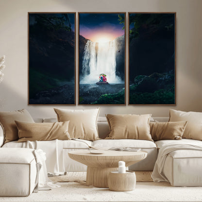 56359-MGV-CV-36X24-Lilo Stitch Wall Art Canvas Print, Framed Stitch Angel Art Picture Print, Cartoon Waterfall Perfect Tropical Fantasy Decor Artwork