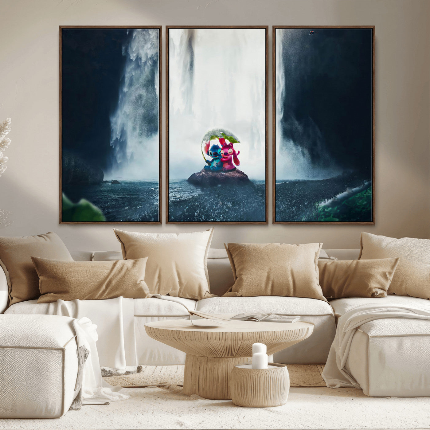 32259-MGV-CV-36X24-Stitch Angel Wall Art Canvas Print, Framed Stitch Waterfall Art Picture Print, Cartoon Couple Perfect Moody Fantasy Decor Artwork