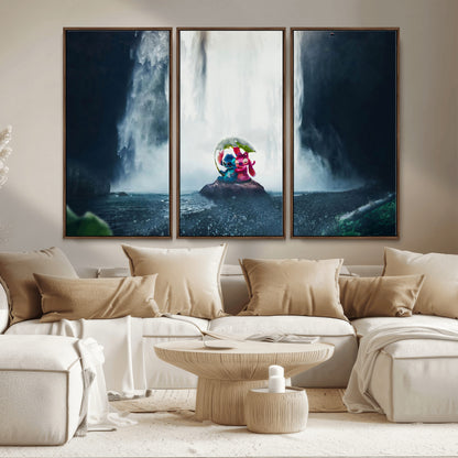 32259-MGV-CV-36X24-Stitch Angel Wall Art Canvas Print, Framed Stitch Waterfall Art Picture Print, Cartoon Couple Perfect Moody Fantasy Decor Artwork