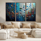 89626-MGV-CV-36X24-Fish Swarm Wall Art Canvas Print, Framed Abstract Ocean Art Picture Print, Underwater Life Perfect Vibrant Coastal Decor Artwork