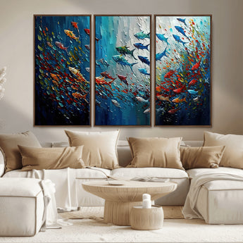 89626-MGV-CV-36X24-Fish Swarm Wall Art Canvas Print, Framed Abstract Ocean Art Picture Print, Underwater Life Perfect Vibrant Coastal Decor Artwork