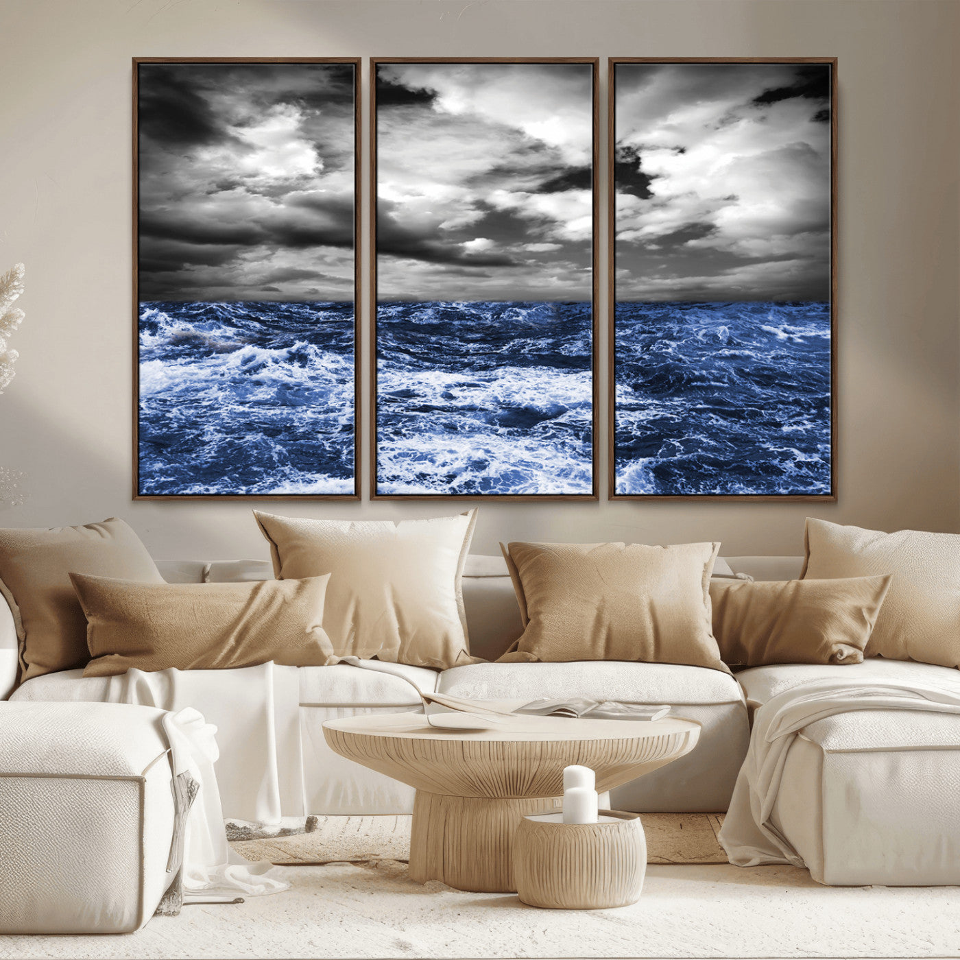 91043-MGV-FC-48X32-3P_Walnut-Stormy Ocean Wall Art Canvas Print, Framed Moody Seascape Art Picture Print, Monochrome Sea Perfect Coastal Drama Decor Artwork