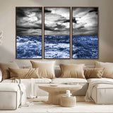 91043-MGV-FC-48X32-3P_Walnut-Stormy Ocean Wall Art Canvas Print, Framed Moody Seascape Art Picture Print, Monochrome Sea Perfect Coastal Drama Decor Artwork
