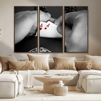 62460-MGV-CV-36X24-Poker Game Wall Art – Close Up of Hands Holding Aces with Chips, Casino Style Decor for Game Room, Man Cave or Office