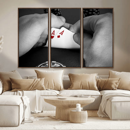 62460-MGV-CV-36X24-Poker Game Wall Art – Close Up of Hands Holding Aces with Chips, Casino Style Decor for Game Room, Man Cave or Office