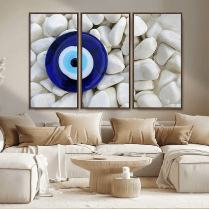 48883-MGV-CV-36X24-Evil Eye Wall Art – Deep Blue Symbol of Presence and Calm on White Stones, Subtle Spiritual Decor for Entryway, Studio, Office or