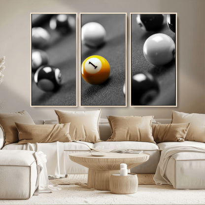 52108-MGV-CV-36X24-Precision Pool Table Wall Art – Close Up Yellow 1 Ball Canvas Print, Hand-Played Billiards Game Decor for Office, Game Room, or