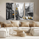 32362-MGV-CV-36X24-NYC Street Wall Art – Black and White Cityscape with Yellow Taxis and Umbrella Canvas Print, Urban Home Decor for Living Room or