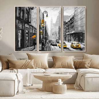 32362-MGV-CV-36X24-NYC Street Wall Art – Black and White Cityscape with Yellow Taxis and Umbrella Canvas Print, Urban Home Decor for Living Room or