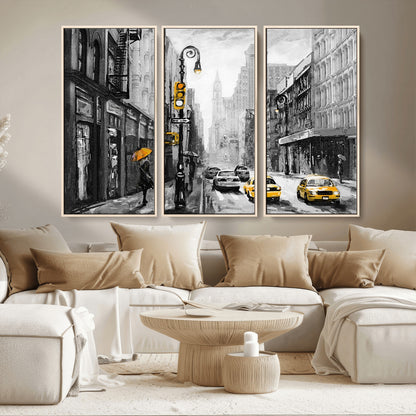 32362-MGV-CV-36X24-NYC Street Wall Art – Black and White Cityscape with Yellow Taxis and Umbrella Canvas Print, Urban Home Decor for Living Room or