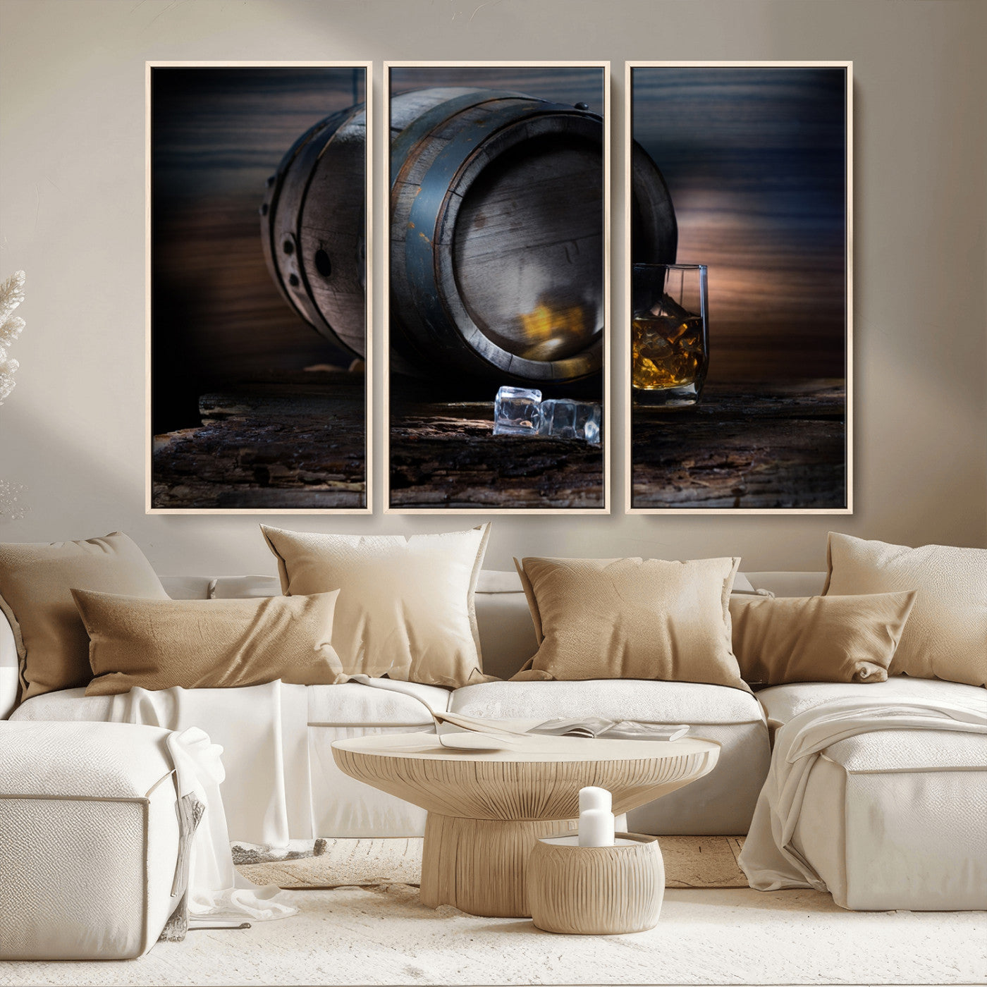 78049-MGV-CV-36X24-Whiskey Barrel Wall Art – Rustic Whiskey Barrel and Glass with Ice Canvas Print, Classic Bar or Lounge Decor for Home, Office, or