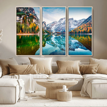 10402-MGV-CV-36X24-Snowy Mountain Lake Wall Art – Autumn Landscape Canvas Print with Reflection, Nature Decor for Living Room, Office, Bedroom or