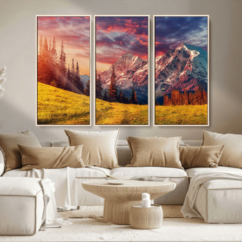 83947-MGV-CV-36X24-Sunset Mountain Landscape Wall Art – Panoramic Alpine Meadow and Snow Capped Peaks Canvas Print, Nature Scenic Decor for Home,