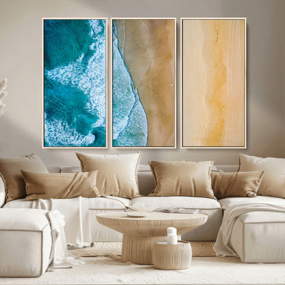 46640-MGV-CV-36X24-Aerial Beach Wall Art – Turquoise Waves and Golden Sand Canvas Print with Lone Surfer, Coastal Ocean Decor for Living Room,