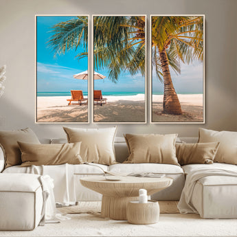 69754-MGV-CV-36X24-Tropical Beach Wall Art – Relaxing Palm Tree and Lounge Chairs Canvas Print, Serene Coastal Decor for Living Room, Bedroom, Office