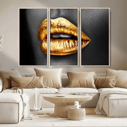 84747-MGV-FC-48X32-3P_Natural-Golden Lips Black & White Portrait – Glamorous Metallic Lip Art Print, Modern Wall Decor for Bedroom, Beauty & Fashion Lover Gift