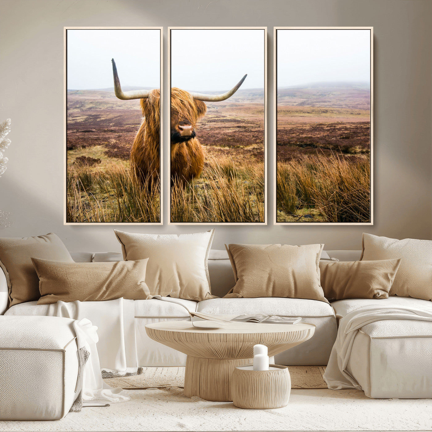 79391-MGV-CV-36X24-Majestic Highland Cow in Misty Scottish Moorland – Rustic Natural Charm, Perfect for Unique Home or Office Decor