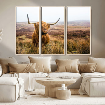 79391-MGV-CV-36X24-Majestic Highland Cow in Misty Scottish Moorland – Rustic Natural Charm, Perfect for Unique Home or Office Decor