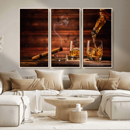 41139-MGV-CV-36X24-Whiskey and Cigar Still Life – Glasses with Ice and Pouring Amber Drink on Wooden Table with Smoke, Elegant Bar or Lounge Wall