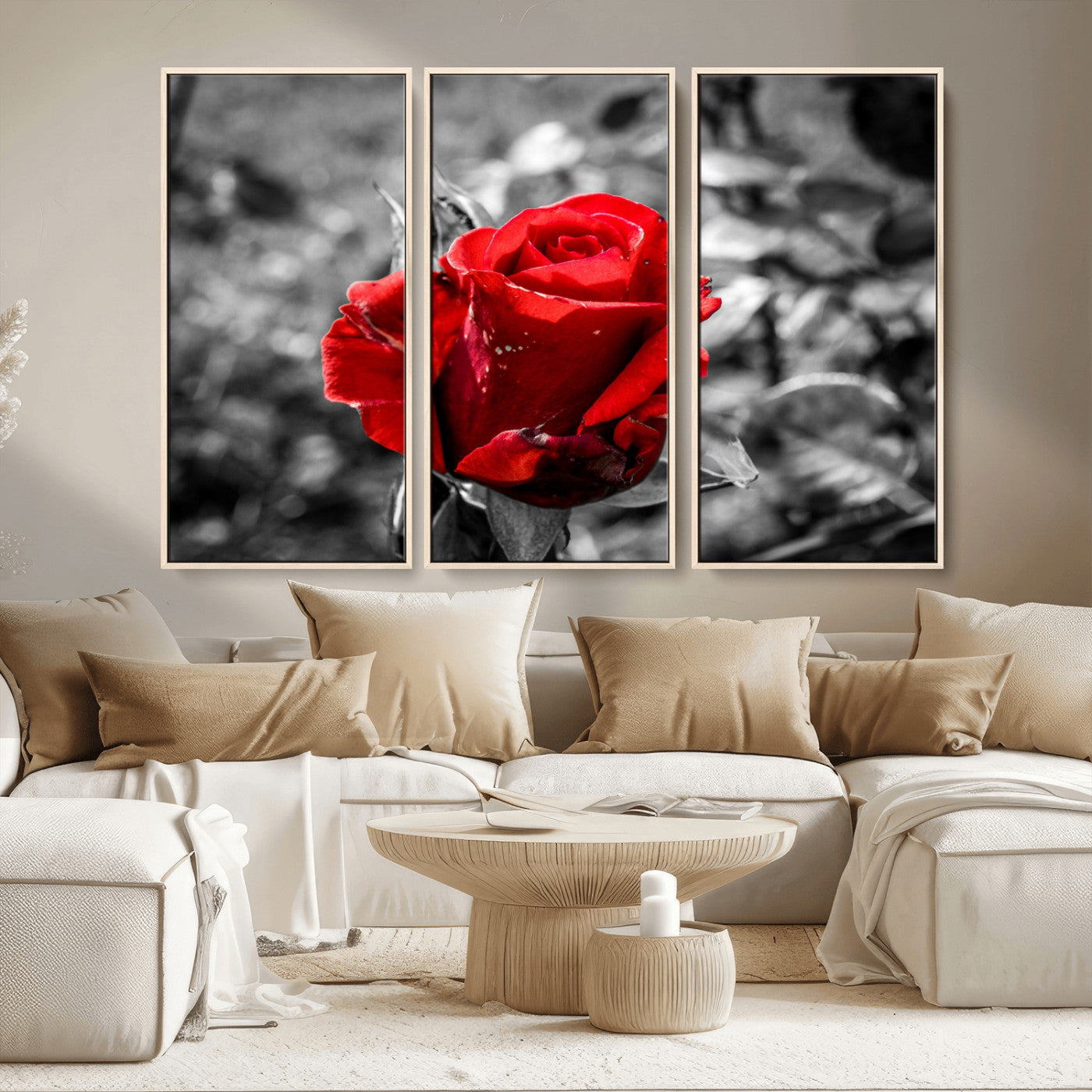 84671-MGV-CV-36X24-Red Rose Wall Art – Vibrant Single Bloom Canvas Print with Black and White Background, Elegant Floral Decor for Living Room,